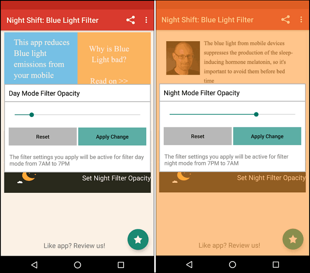 nakts maiņas zilās gaismas filtrs Android