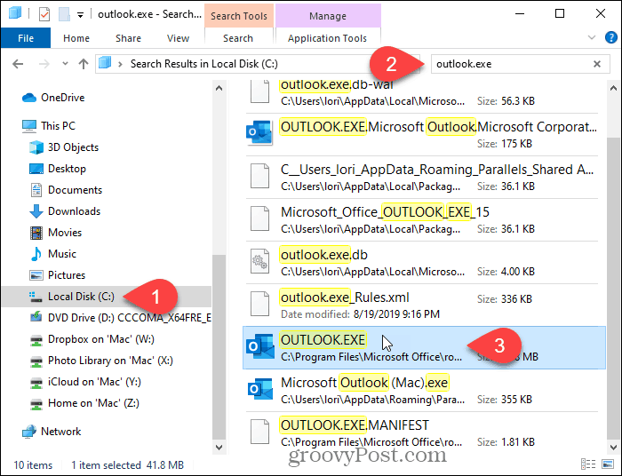 Meklējiet programmu Outlook programmā File Explorer