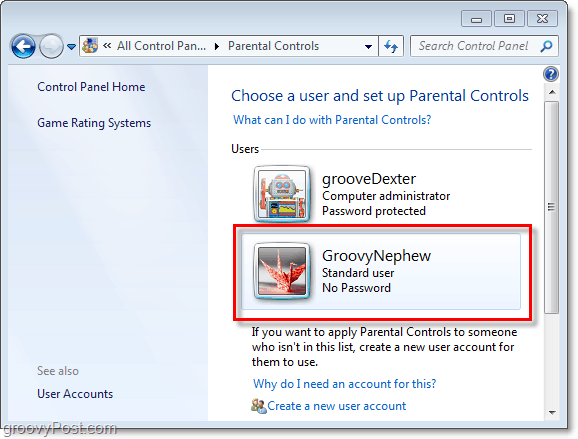 izvēlieties lietotāju, lai Windows 7 pielāgotu vecāku kontroles rekvizītus