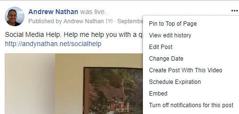 Lai iegultu kodu Facebook Live video ierakstā, noklikšķiniet uz trīs punktu izvēlnes un atlasiet Iegult.