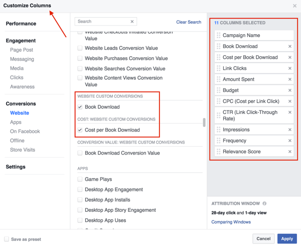 Atlasiet kolonnas, kuras vēlaties pievienot savai Facebook reklāmas rezultātu tabulai.