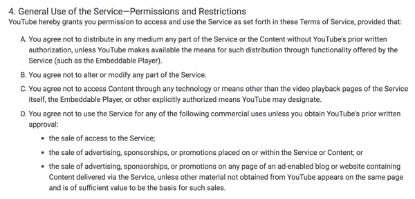 YouTube pakalpojumu sniegšanas noteikumos ir skaidri izklāstīti ierobežoti platformas komerciālie lietojumi.