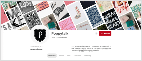 Pinterest profila vāka attēla piemērs ar nosaukumiem