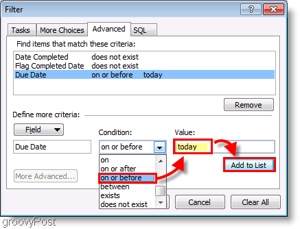 Ekrānuzņēmums: Outlook 2007 uzdevumu joslu iestatīšanas filtrs šodien