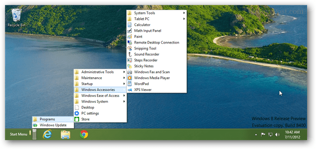 Windows 8 šūpojot pavisam jaunu sākuma izvēlni, izmantojot uzdevumjoslas rīkjoslu
