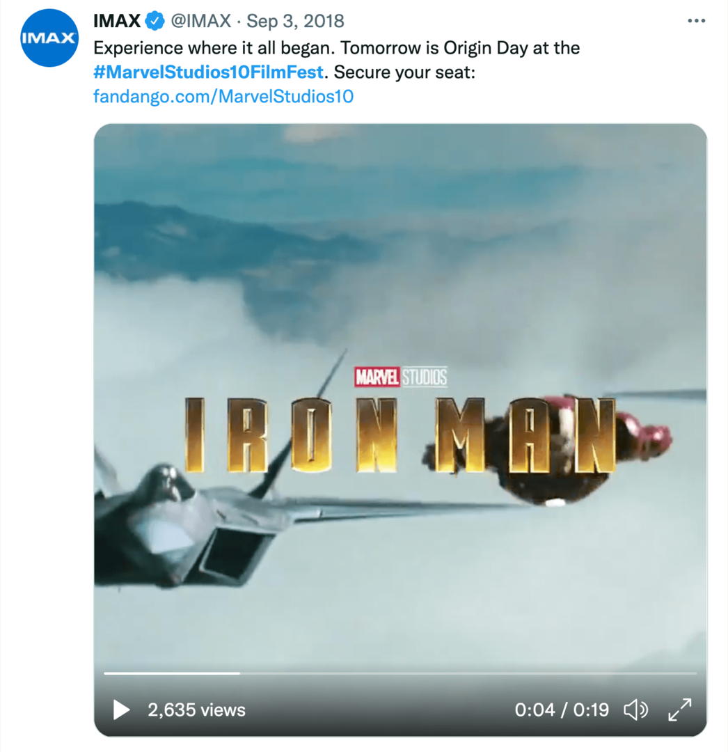 IMAX tvīta attēls par Marvel Studios 10 gadu filmu festivālu