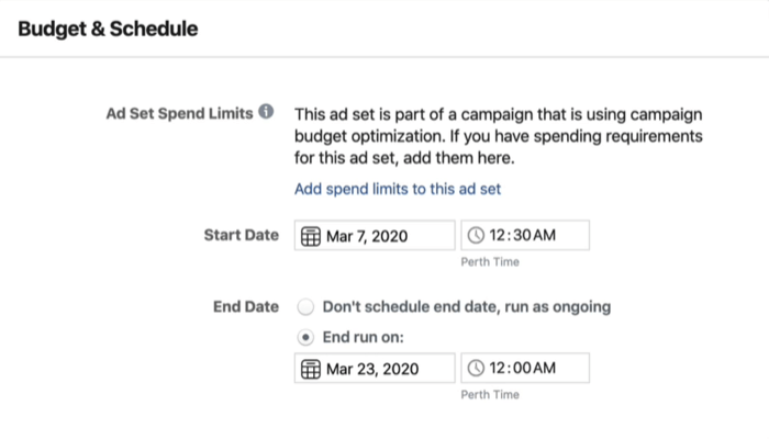 Budžeta un grafika sadaļa reklāmu kopas līmenī Facebook Ads Manager