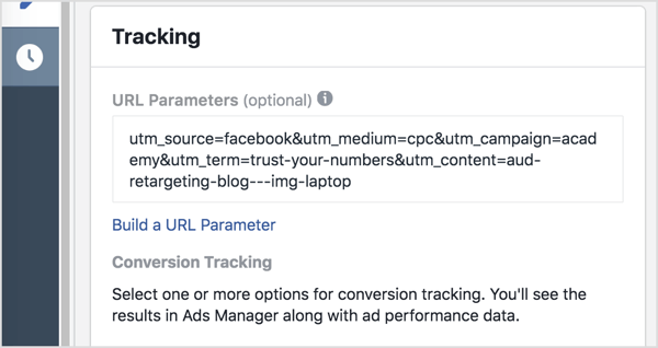 Reklāmu pārvaldniekā lodziņā URL parametri pievienojiet savus izsekošanas parametrus (visu pēc jautājuma zīmes).