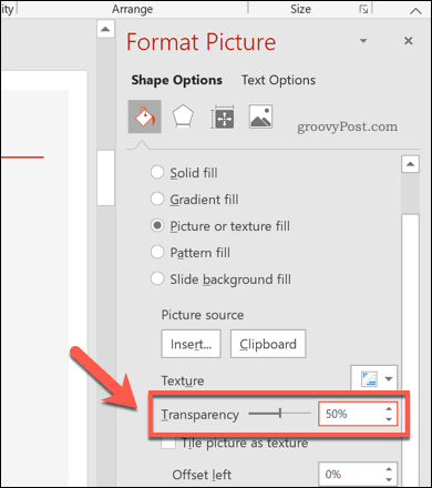 Pārveidots PowerPoint formas pārredzamības līmenis