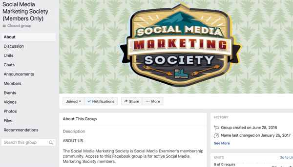 Kā izmantot Facebook grupas funkcijas, Facebook grupas lapas piemērs Social Media Marketing Society