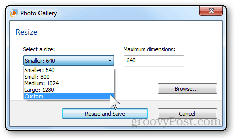 foto izmēru maiņa apmācība Windows Live foto galerija nolaižamajā izvēlnē atlasiet