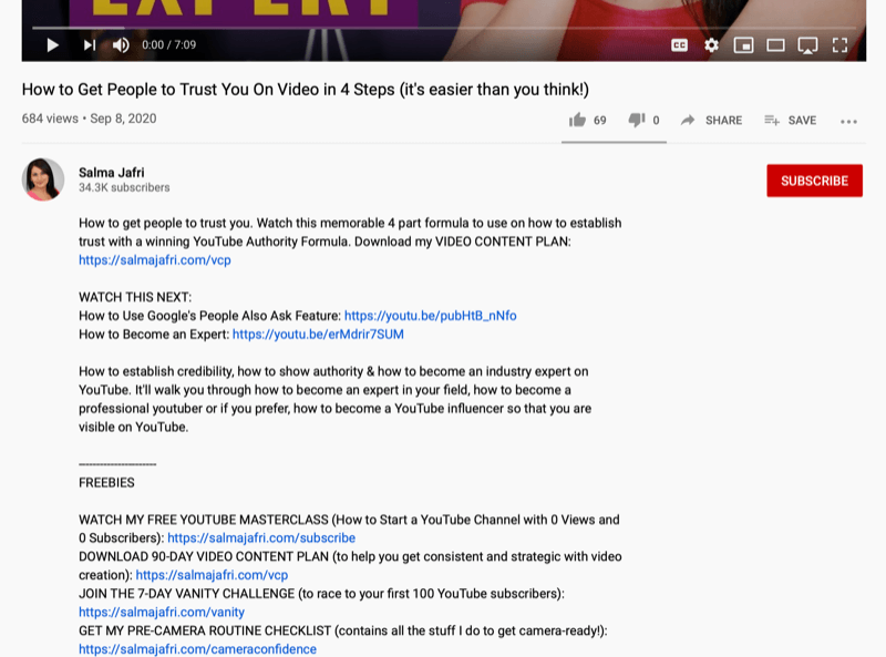 Youtube video aprakstu piezīmju ekrānuzņēmums ar vairākām saitēm, kas pievienotas citiem YouTube videoklipiem vai bezmaksas lejupielādēm