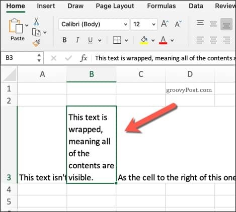 Iesaiņota teksta piemērs programmā Excel