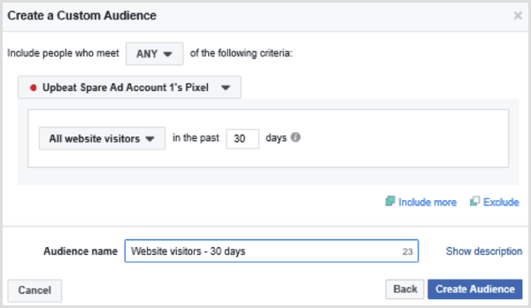 Izvēlieties opcijas, lai iestatītu visu vietnes apmeklētāju pēdējo 30 dienu Facebook pielāgoto auditoriju