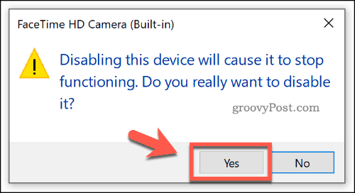 Ierīces atspējošanas apstiprināšana ierīces pārvaldniekā operētājsistēmā Windows 10