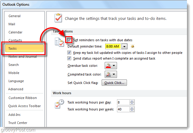 Kā iestatīt noklusējuma uzdevuma atgādinājumus programmai Outlook 2010