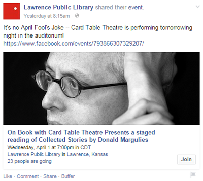 Lorensas publiskās bibliotēkas pasākuma facebook ieraksts