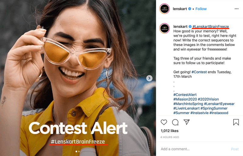 Instagram konkursa ziņas piemērs, kurā attēlā un parakstā ir iekļauts zīmola hashtag