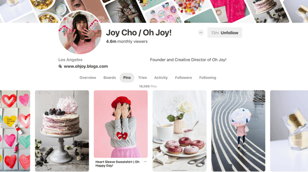 Padomi, kā uzlabot savu Pinterest sasniedzamību, 6. piemērs, Joy Cho Pinterest tapu piemērs