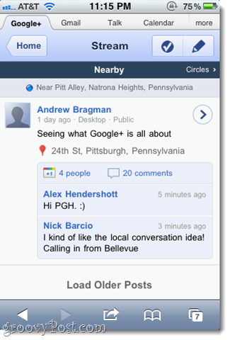 Google+ iPhone tīmekļa lietotnes ekrānuzņēmuma tūre