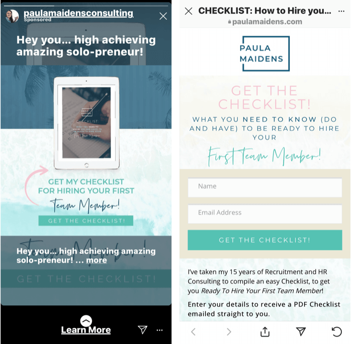 Instagram Stories reklāmas ekrānuzņēmums, kurā tiek piedāvāts bezmaksas kontrolsaraksts pirmā komandas vadītāja pieņemšanai darbā
