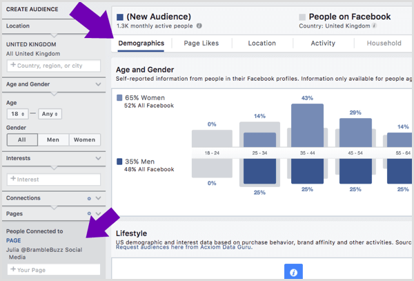 Skatiet tās auditorijas demogrāfisko informāciju, kurai patīk noteikta Facebook lapa.