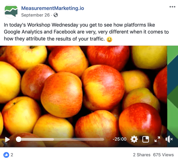 Šis ir Facebook ziņojuma ekrānuzņēmums no MeasurementMarking.io lapas. Ziņā ir redzams arī video, kas reklamē Krisa Mersera darbnīcas trešdienu svina magnētu. Lietotāji, kuri skatās videoklipu vai noklikšķina uz tā, iespējams, ir sasnieguši izpratnes mērķi.