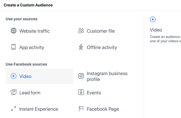 Kā reklamēt savu tiešraides notikumu Facebook, 8. darbība, izveidojiet pielāgotu auditoriju Facebook Ads Manager, pamatojoties uz video skatījumiem