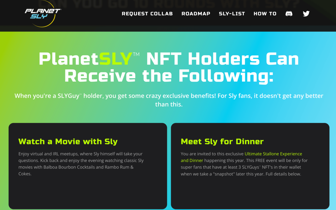 PlanetSly vietnes attēls, kurā izskaidrotas priekšrocības SLYGuy NFT turētājiem