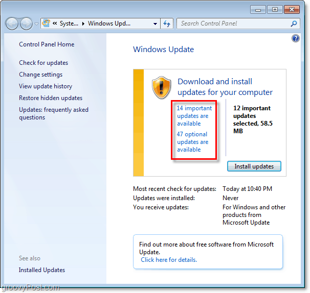 Windows 7 - Windows atjaunināšanas lapas ekrānuzņēmums