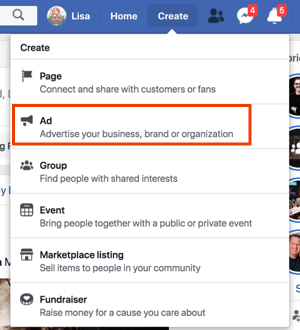 Izveidojiet Facebook reklāmas, noklikšķinot uz Izveidot no sava Facebook profila.