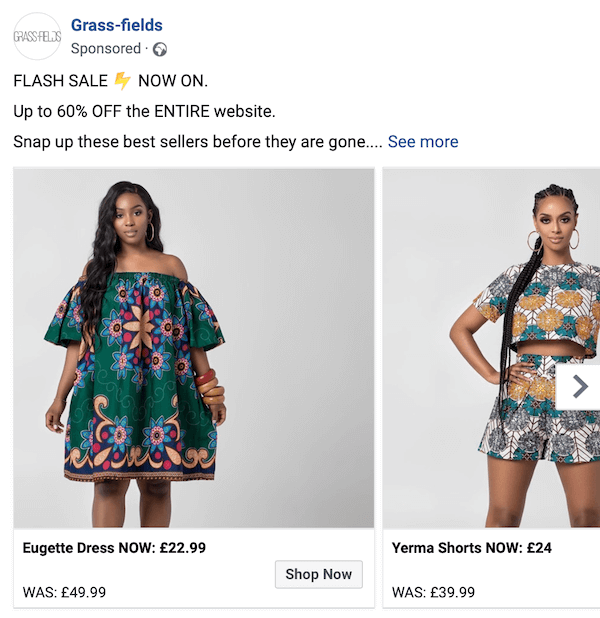facebook karuseļa reklāma ar vasaras stiliem zālājos, reklamējot zibspuldžu pārdošanu ar atlaidi