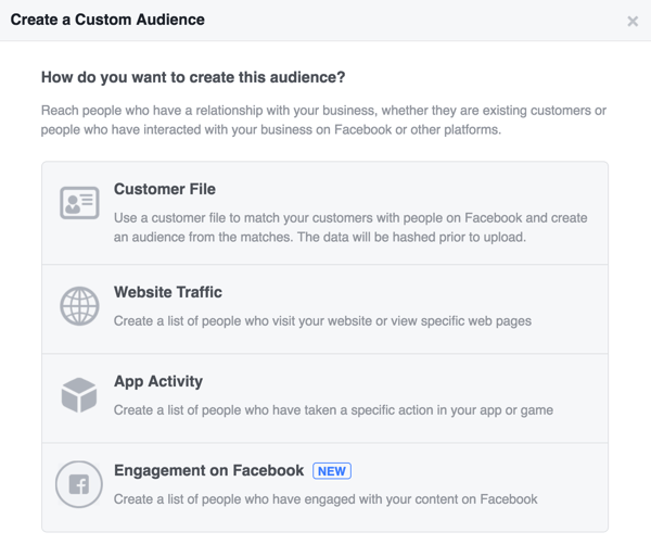 Izvēlieties, kā vēlaties izveidot savu Facebook pielāgoto auditoriju.