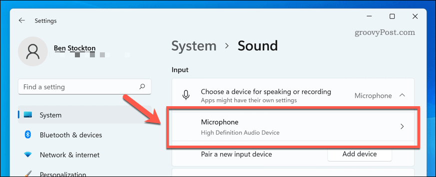 Atveriet mikrofona ierīci Windows 11 skaņas iestatījumos