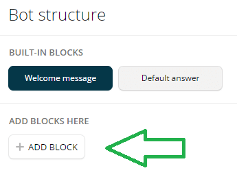 Noklikšķiniet uz + Pievienot bloku, lai Chatfuel pievienotu jaunu bloku.