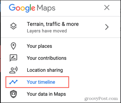 Google Maps izvēlne, jūsu laika skala