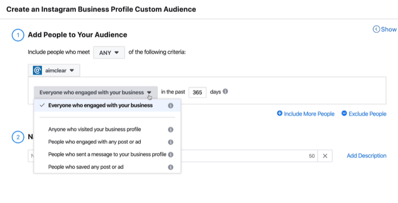 Izveidojiet Instagram biznesa profila pielāgotās auditorijas logu