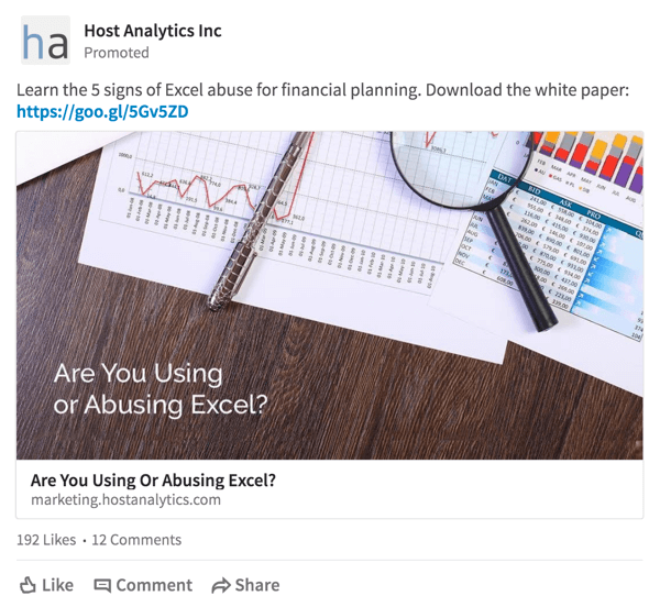 Host Analytics piedāvā baltās grāmatas lejupielādes piedāvājumu mērķauditorijai vietnē LinkedIn.