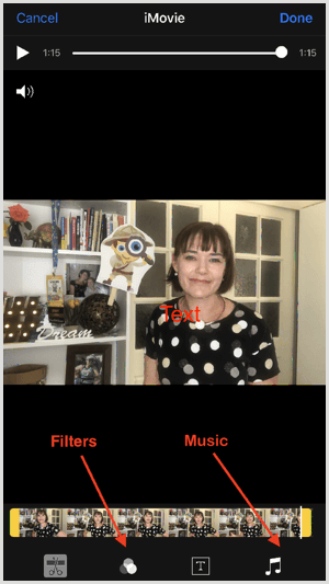 Pieskarieties rīkiem ekrāna apakšdaļā, lai iMovie pievienotu filtrus un mūziku.
