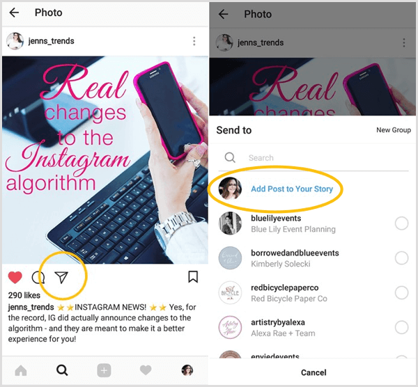 Meklējiet opciju Pievienot ziņu savam stāstam, lai redzētu, vai jums ir piekļuve Instagram atkārtotas kopīgošanas funkcijai.