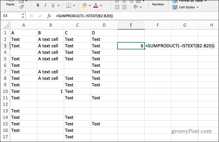 SUMPRODUCT izmantošana ar ISTEXT programmā Excel