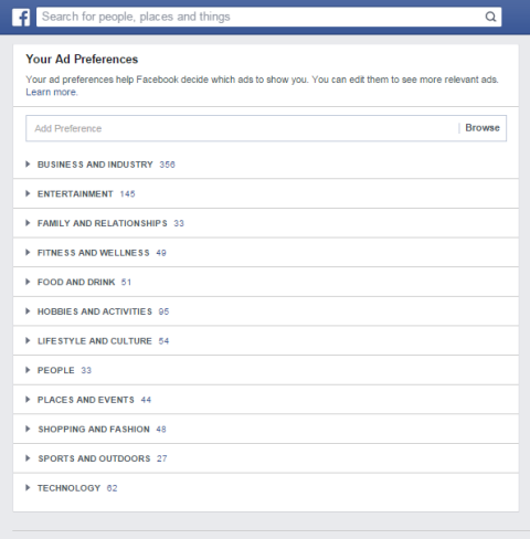 facebook reklāmu preferenču kategorijas
