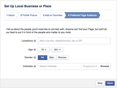 facebook vietējā biznesa lapa vēlamā auditorija