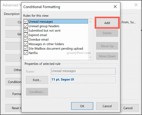 Noklikšķiniet uz Pievienot, lai programmā Outlook pievienotu jaunu nosacītā formāta noteikumu
