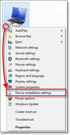 datora Windows konteksta izvēlnē un dodieties uz ierīces instalēšanas iestatījumiem