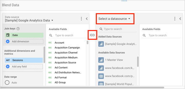 Izvēlieties papildu datu avotu un veidu, kā datu avoti ir savienoti.