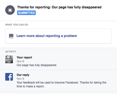 ziņošana par pazudušu Facebook lapu