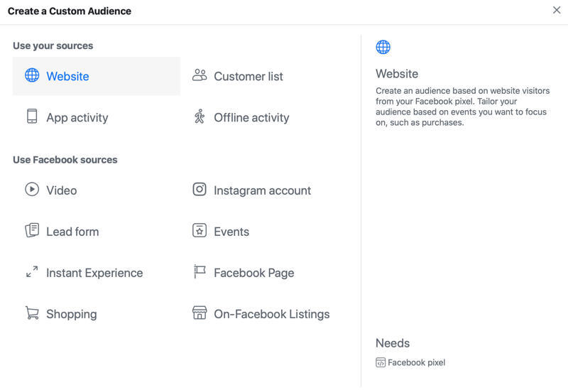 facebook reklāmas pielāgotās auditorijas izvēlnes opcijas ar atlasītu vietnes avota opciju