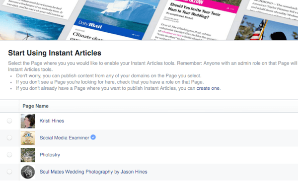 facebook tūlītējo rakstu atlases lapa