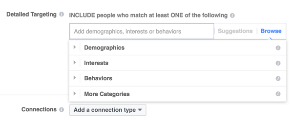 Facebook piedāvā trīs galvenās mērķauditorijas kategorijas.
